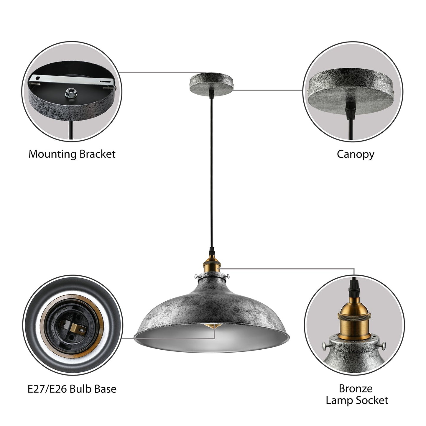 Antique Stylish Silver Gray Iron Dome Ceiling Light With Cord - Perfect For Living Room