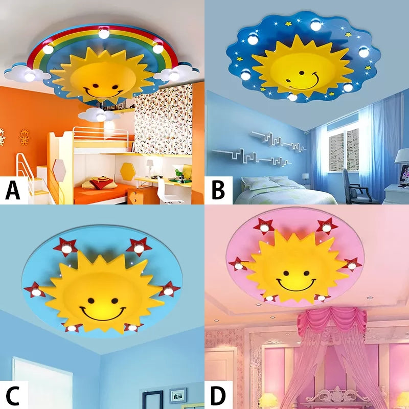 Smiling Sun Flush Ceiling Light in Yellow for Game Room - Cartoon Design, Wood Finish