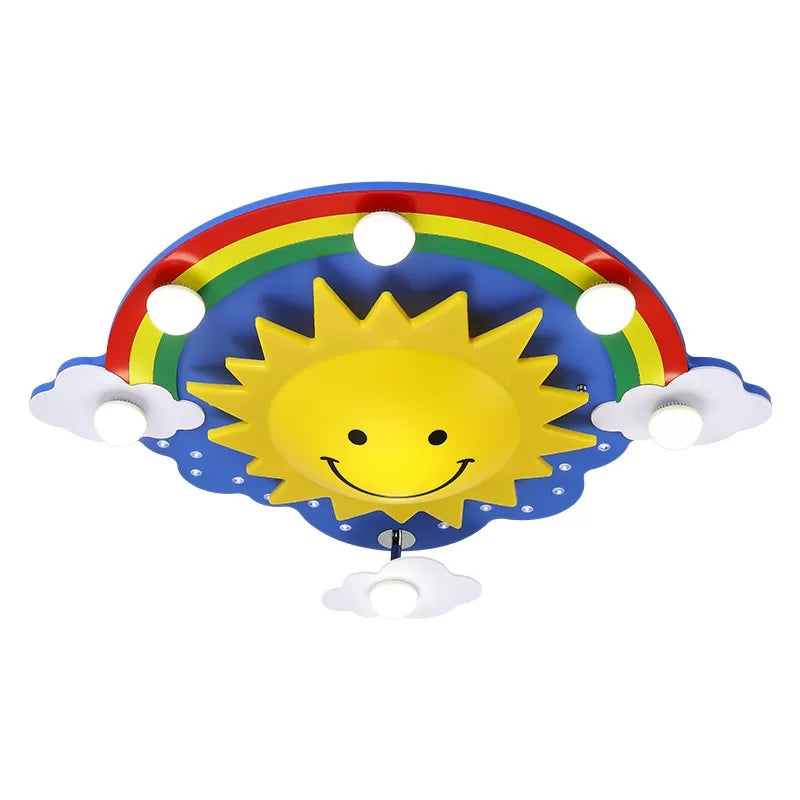 Smiling Sun Flush Ceiling Light in Yellow for Game Room - Cartoon Design, Wood Finish