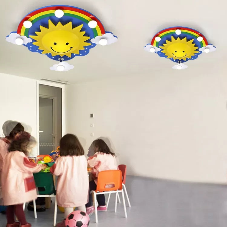 Smiling Sun Flush Ceiling Light in Yellow for Game Room - Cartoon Design, Wood Finish