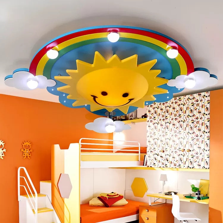 Smiling Sun Flush Ceiling Light in Yellow for Game Room - Cartoon Design, Wood Finish