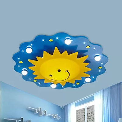 Smiling Sun Flush Ceiling Light in Yellow for Game Room - Cartoon Design, Wood Finish