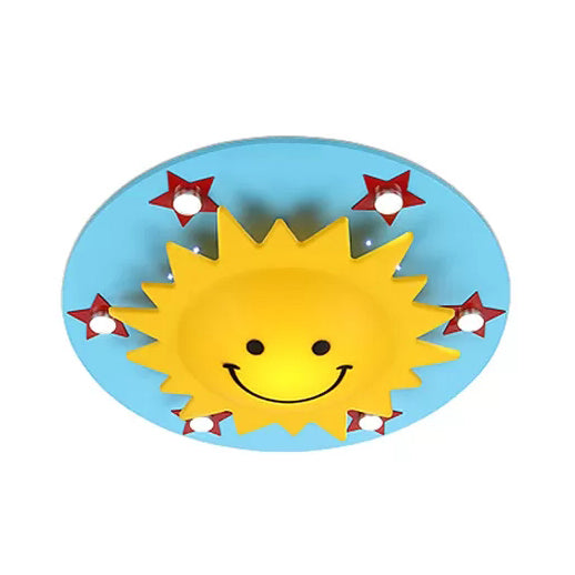 Smiling Sun Flush Ceiling Light in Yellow for Game Room - Cartoon Design, Wood Finish