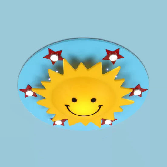 Smiling Sun Flush Ceiling Light in Yellow for Game Room - Cartoon Design, Wood Finish