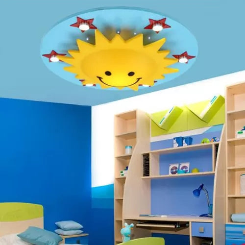 Smiling Sun Flush Ceiling Light in Yellow for Game Room - Cartoon Design, Wood Finish
