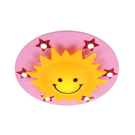 Smiling Sun Flush Ceiling Light in Yellow for Game Room - Cartoon Design, Wood Finish