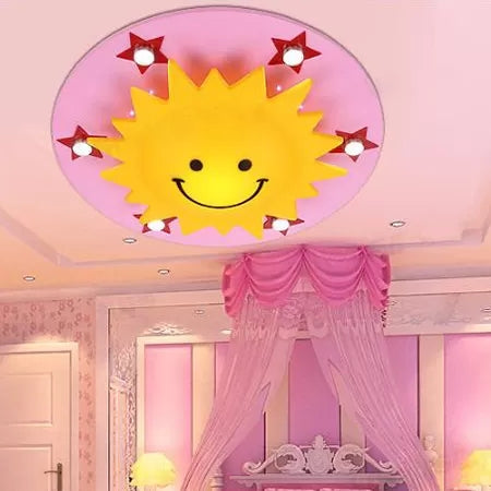 Smiling Sun Flush Ceiling Light in Yellow for Game Room - Cartoon Design, Wood Finish