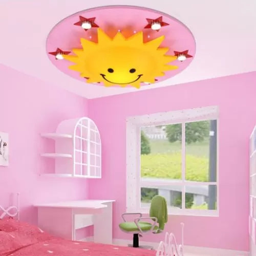 Smiling Sun Flush Ceiling Light in Yellow for Game Room - Cartoon Design, Wood Finish