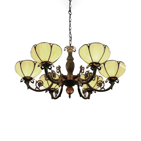 Lustre floral en vitrail avec 6 lampes suspendues et chaînes en métal beige