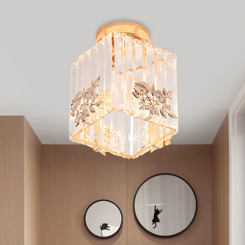 Nordic Cube-Shaped Semi Flush Crystal Ceiling Light Fixture, Gold Finish
