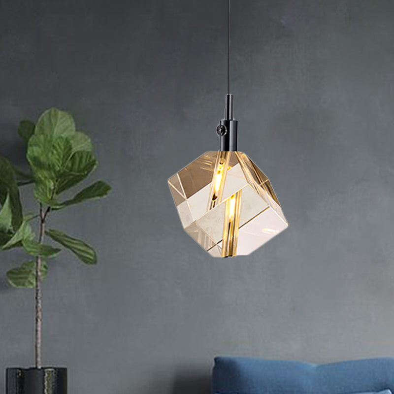 Simple Black Glass Cube Pendant Light With Led - Clear Crystal Ceiling Hanging Lamp