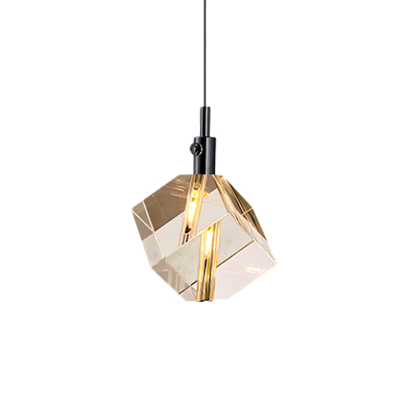 Simple Black Glass Cube Pendant Light With Led - Clear Crystal Ceiling Hanging Lamp