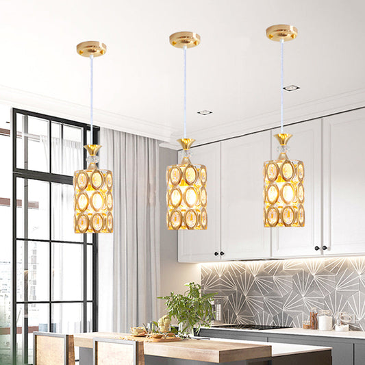 Crystal-Encrusted Cylinder Pendant Light with Gold Finish Suspension - Modern and Elegant