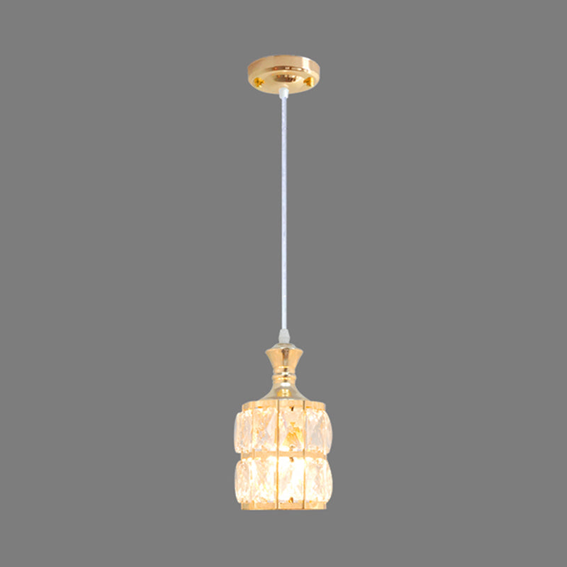 Gold Pendant Light With Crystal Block Cylinder - Modern Dining Room Lamp Kit