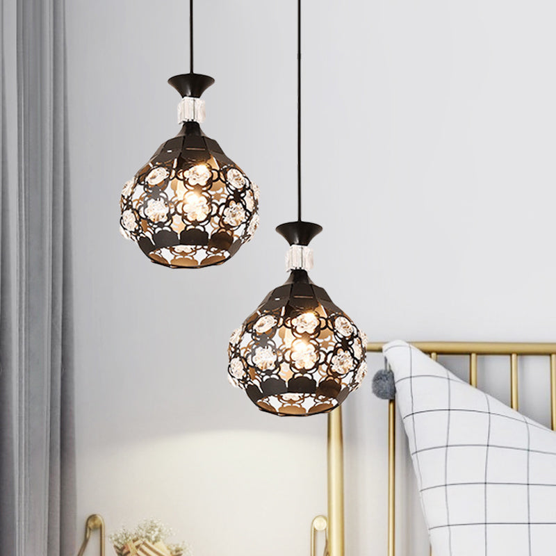 Modern 1-Head Black Iron Suspension Light with Crystal Accent - Hollow Flower Design