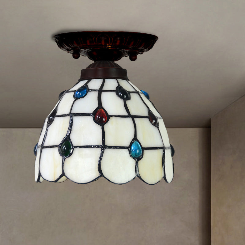 Tiffany White Grid Glass Flush Mount Ceiling Light with Jewels