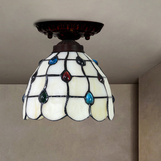 Tiffany White Grid Glass Flush Mount Ceiling Light with Jewels