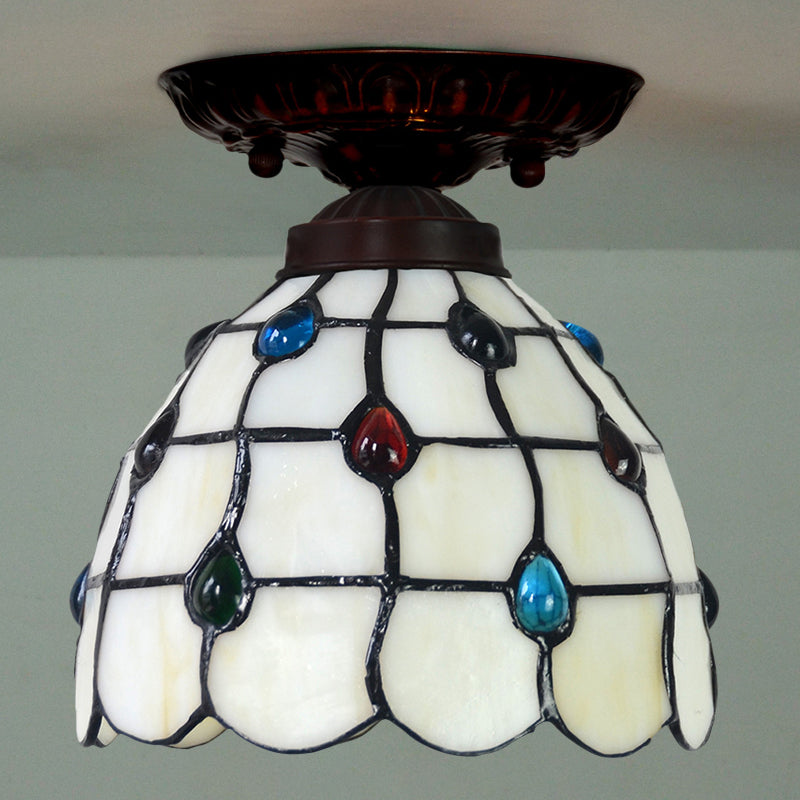 Tiffany White Grid Glass Flush Mount Ceiling Light with Jewels