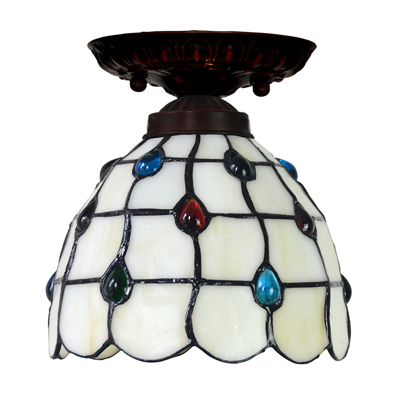 Tiffany White Grid Glass Flush Mount Ceiling Light with Jewels