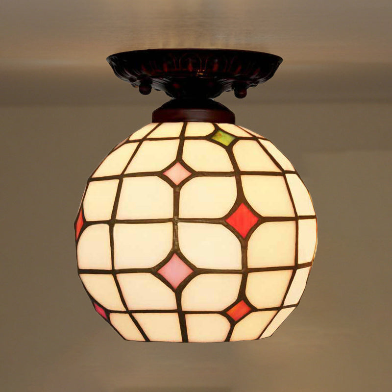 Tiffany White Grid Glass Flush Mount Ceiling Light with Jewels