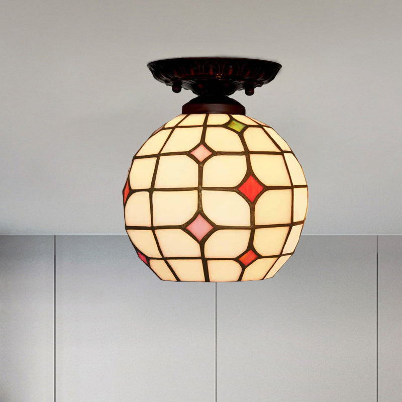 Tiffany White Grid Glass Flush Mount Ceiling Light with Jewels