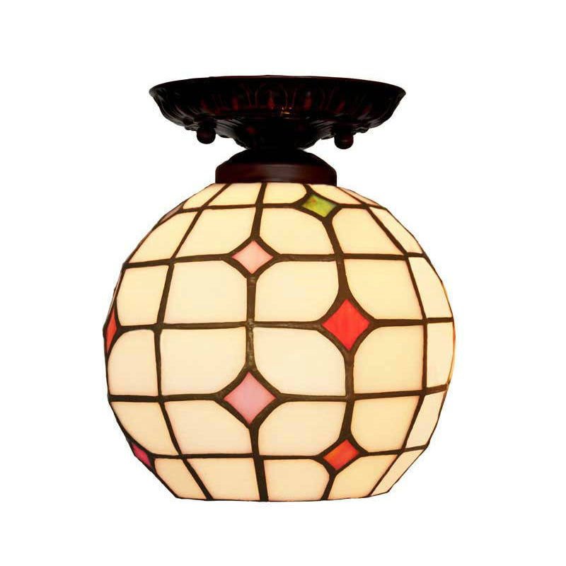 Tiffany White Grid Glass Flush Mount Ceiling Light with Jewels