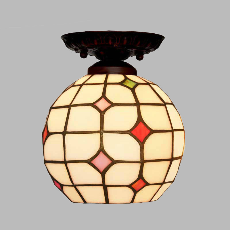 Tiffany White Grid Glass Flush Mount Ceiling Light with Jewels