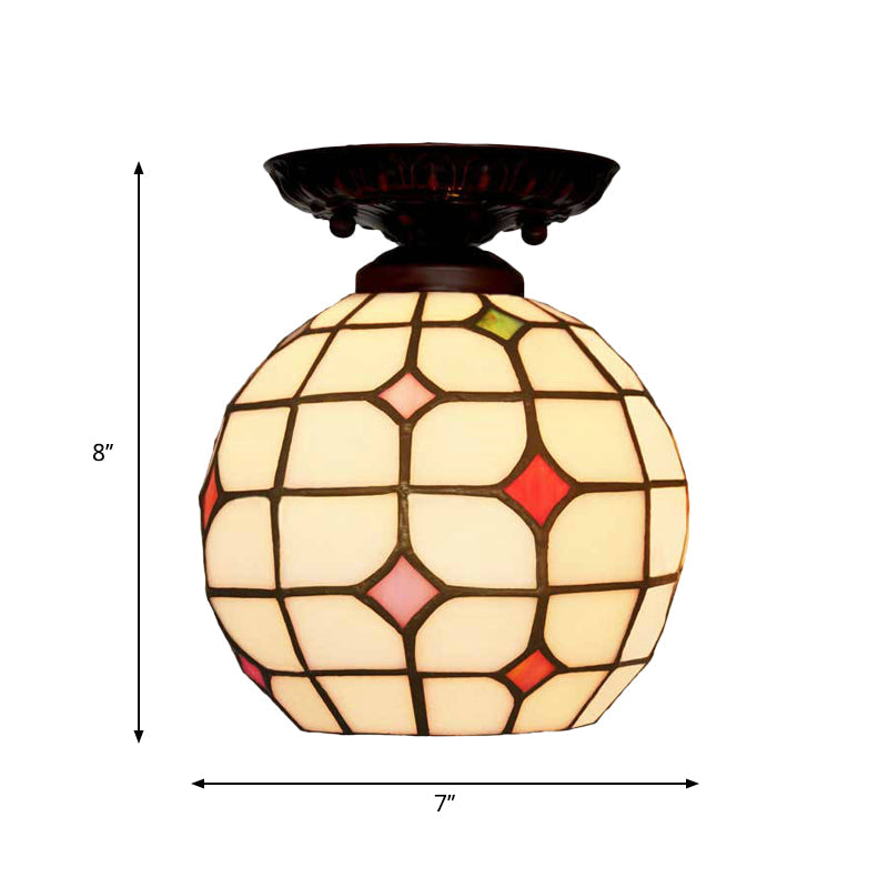Tiffany White Grid Glass Flush Mount Ceiling Light with Jewels