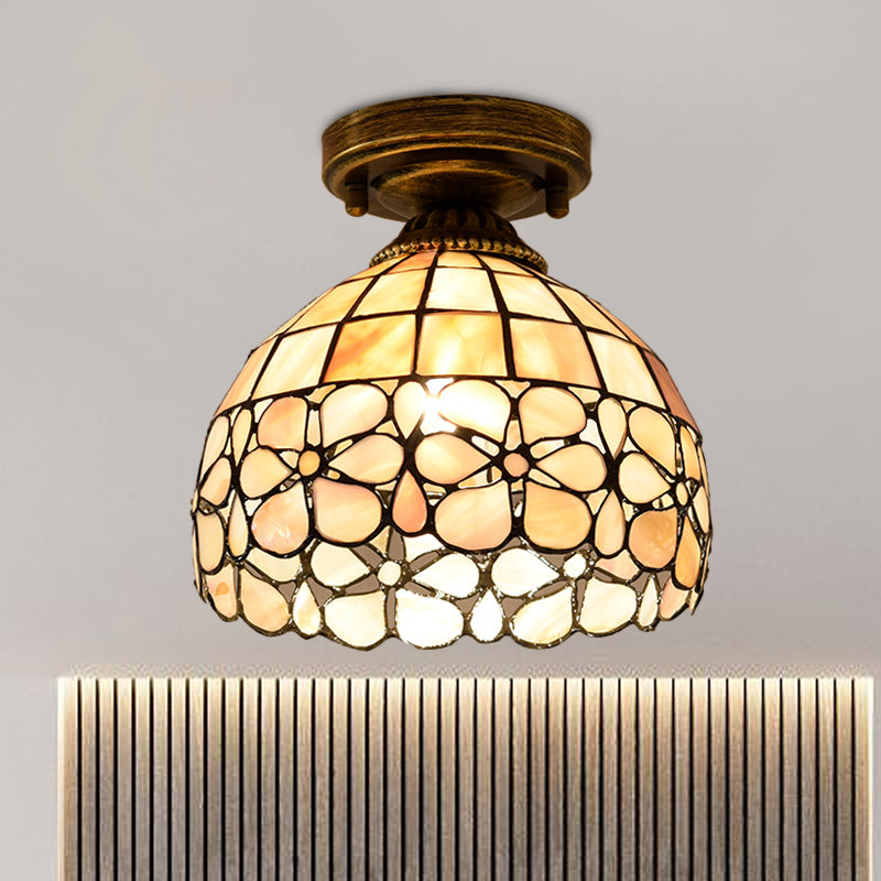 Tiffany Beige/Pink/Orange Shell Mini Flush Light Fixture - Natural Decorative Ceiling Lamp