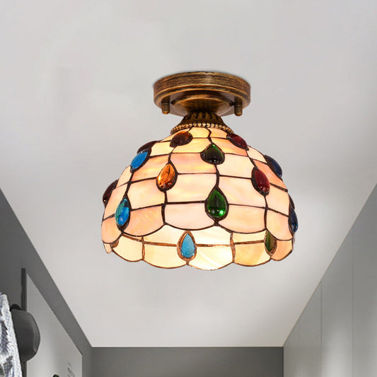 Tiffany Single-Bulb Shell Bowl Ceiling Lamp - Handmade Blue/Light Blue/Beige Flush Mount with Gem-Like Cabochons