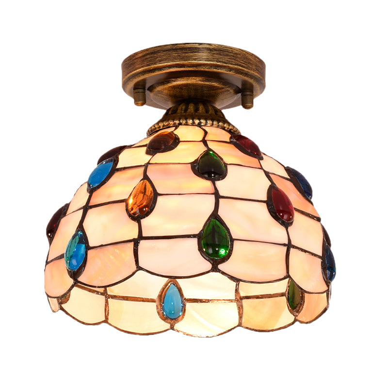 Tiffany Single-Bulb Shell Bowl Ceiling Lamp - Handmade Blue/Light Blue/Beige Flush Mount with Gem-Like Cabochons