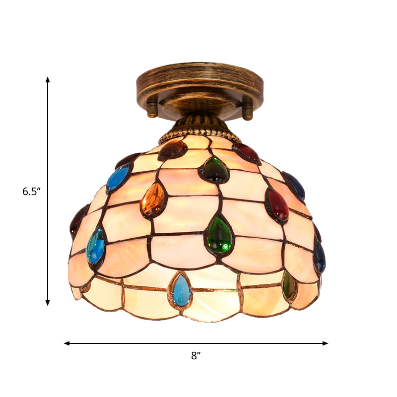 Tiffany Single-Bulb Shell Bowl Ceiling Lamp - Handmade Blue/Light Blue/Beige Flush Mount with Gem-Like Cabochons