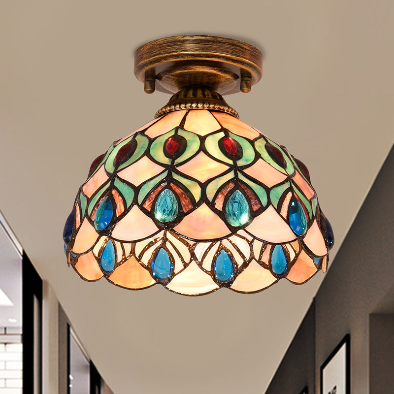 Tiffany Single-Bulb Shell Bowl Ceiling Lamp - Handmade Blue/Light Blue/Beige Flush Mount with Gem-Like Cabochons