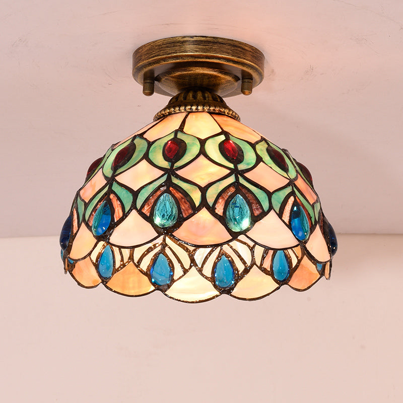 Tiffany Single-Bulb Shell Bowl Ceiling Lamp - Handmade Blue/Light Blue/Beige Flush Mount with Gem-Like Cabochons