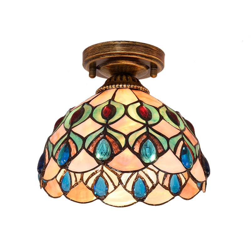 Tiffany Single-Bulb Shell Bowl Ceiling Lamp - Handmade Blue/Light Blue/Beige Flush Mount with Gem-Like Cabochons