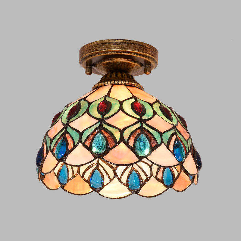 Tiffany Single-Bulb Shell Bowl Ceiling Lamp - Handmade Blue/Light Blue/Beige Flush Mount with Gem-Like Cabochons