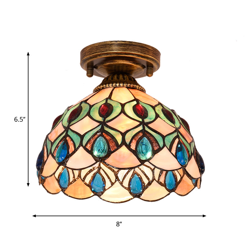 Tiffany Single-Bulb Shell Bowl Ceiling Lamp - Handmade Blue/Light Blue/Beige Flush Mount with Gem-Like Cabochons