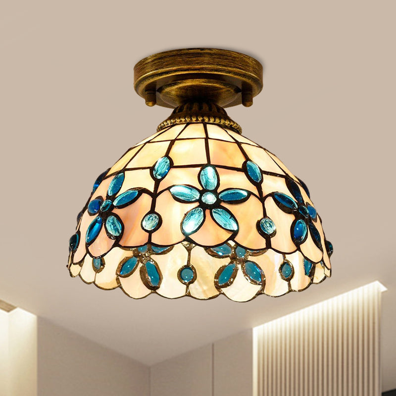 Tiffany Single-Bulb Shell Bowl Ceiling Lamp - Handmade Blue/Light Blue/Beige Flush Mount with Gem-Like Cabochons