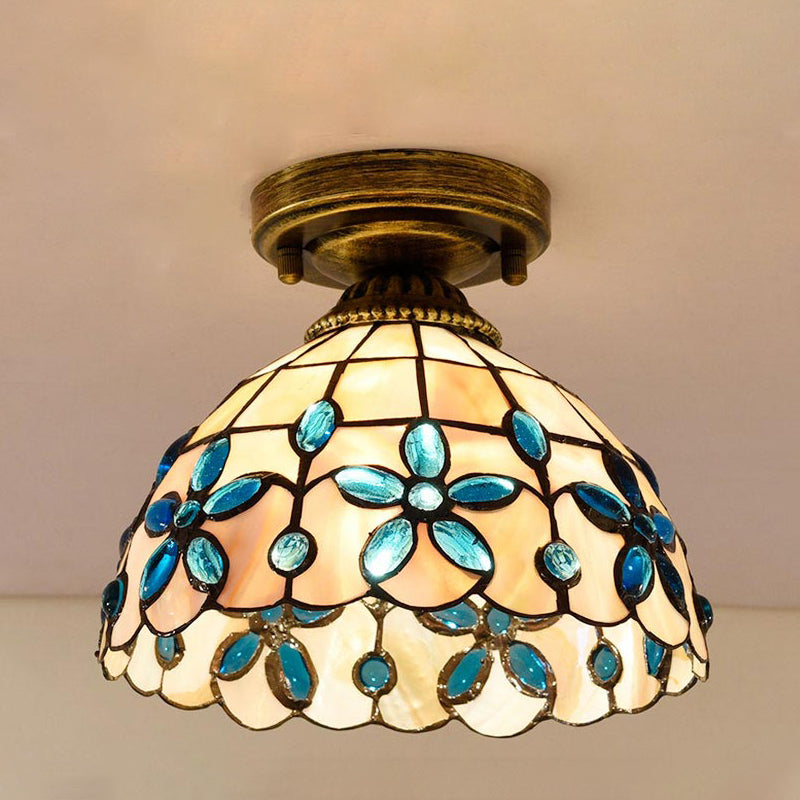 Tiffany Single-Bulb Shell Bowl Ceiling Lamp - Handmade Blue/Light Blue/Beige Flush Mount with Gem-Like Cabochons