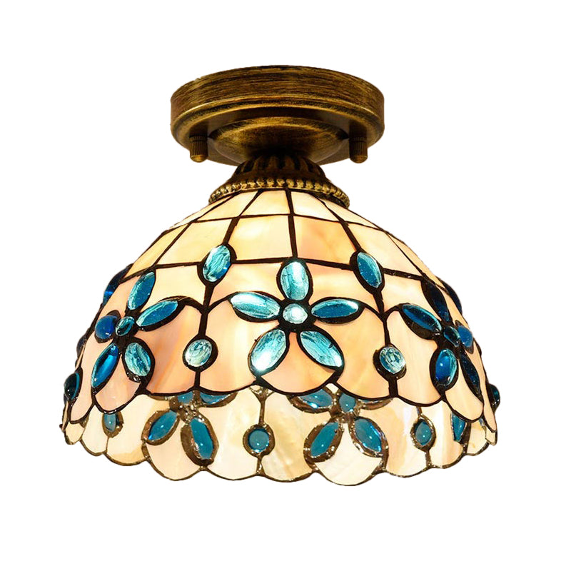 Tiffany Single-Bulb Shell Bowl Ceiling Lamp - Handmade Blue/Light Blue/Beige Flush Mount with Gem-Like Cabochons