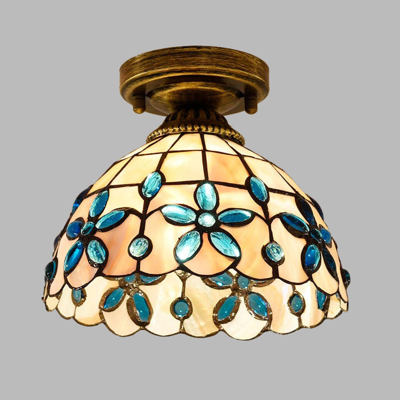 Tiffany Single-Bulb Shell Bowl Ceiling Lamp - Handmade Blue/Light Blue/Beige Flush Mount with Gem-Like Cabochons