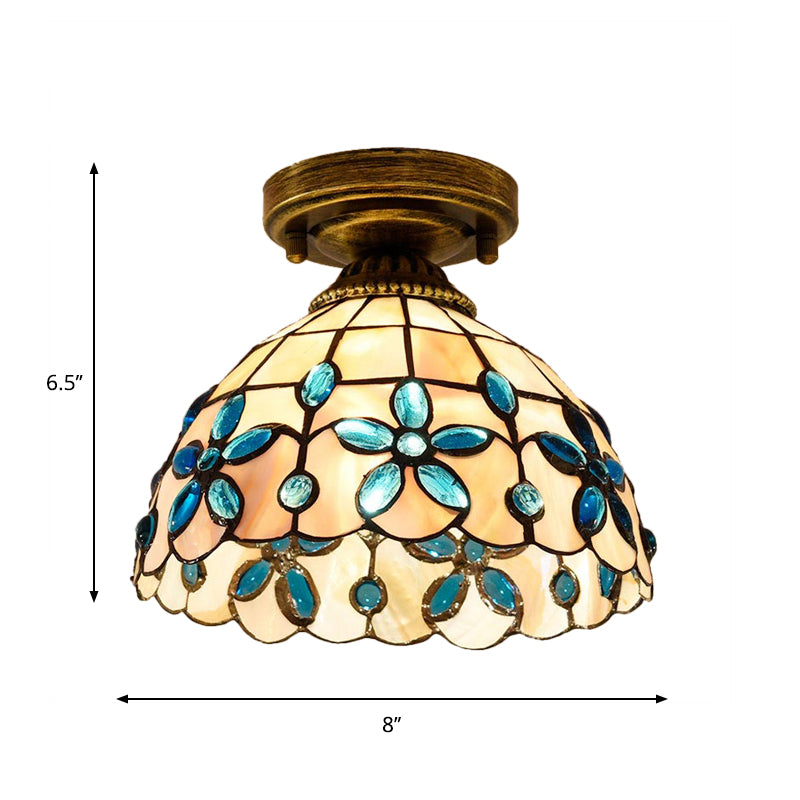 Tiffany Single-Bulb Shell Bowl Ceiling Lamp - Handmade Blue/Light Blue/Beige Flush Mount with Gem-Like Cabochons