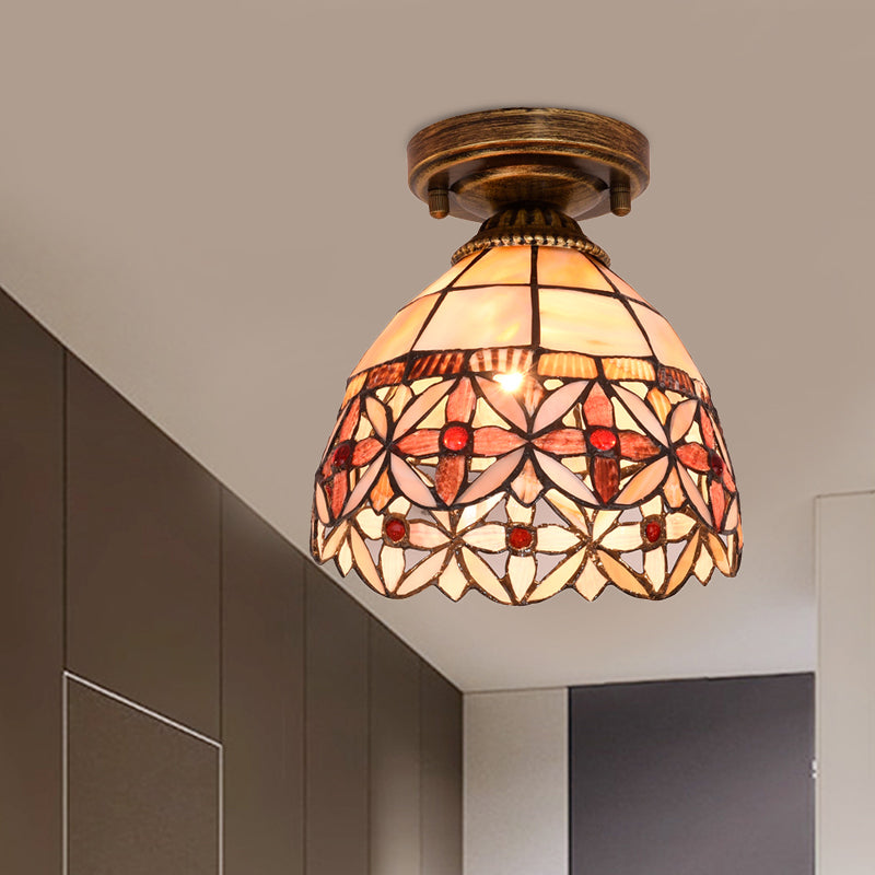 Tiffany Floral Bell Ceiling Light Fixture in Beige/Red-White/Pink for Living Room