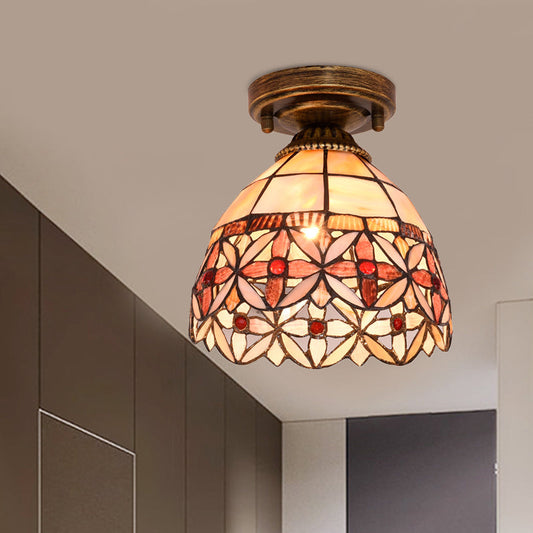 Tiffany Floral Bell Ceiling Light Fixture in Beige/Red-White/Pink for Living Room