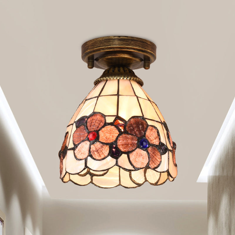 Tiffany Floral Bell Ceiling Light Fixture in Beige/Red-White/Pink for Living Room