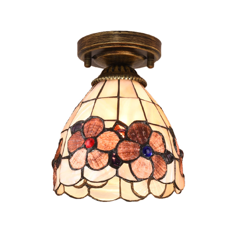 Tiffany Floral Bell Ceiling Light Fixture in Beige/Red-White/Pink for Living Room