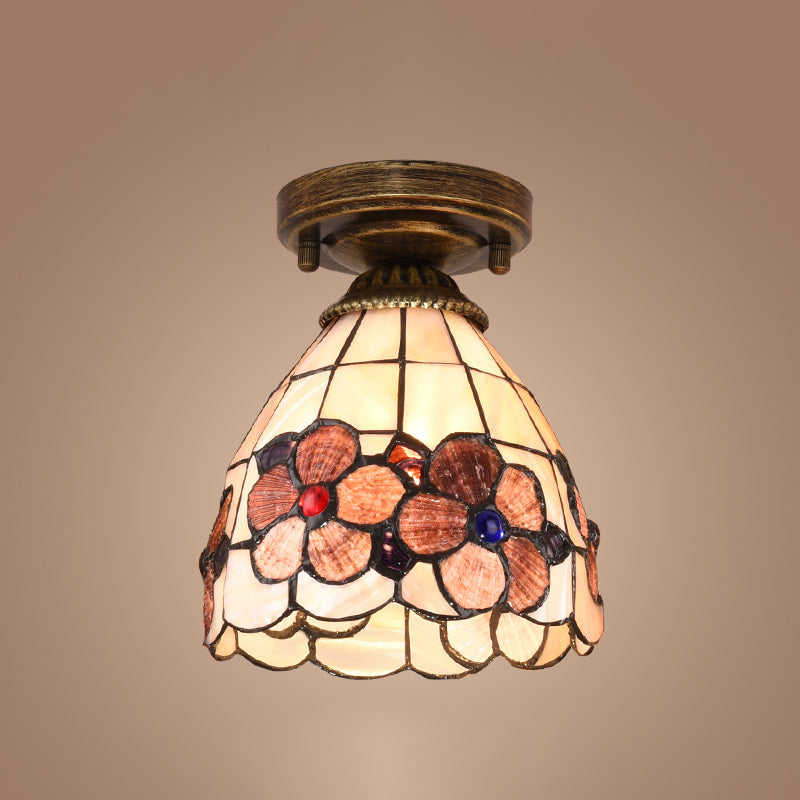 Tiffany Floral Bell Ceiling Light Fixture in Beige/Red-White/Pink for Living Room