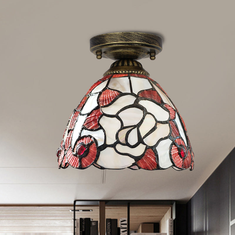 Tiffany Floral Bell Ceiling Light Fixture in Beige/Red-White/Pink for Living Room