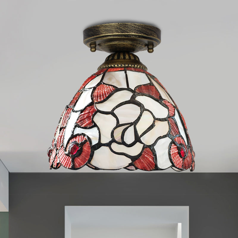 Tiffany Floral Bell Ceiling Light Fixture in Beige/Red-White/Pink for Living Room