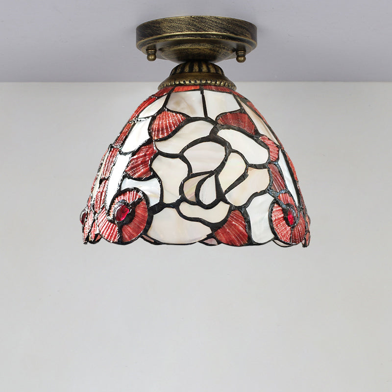 Tiffany Floral Bell Ceiling Light Fixture in Beige/Red-White/Pink for Living Room